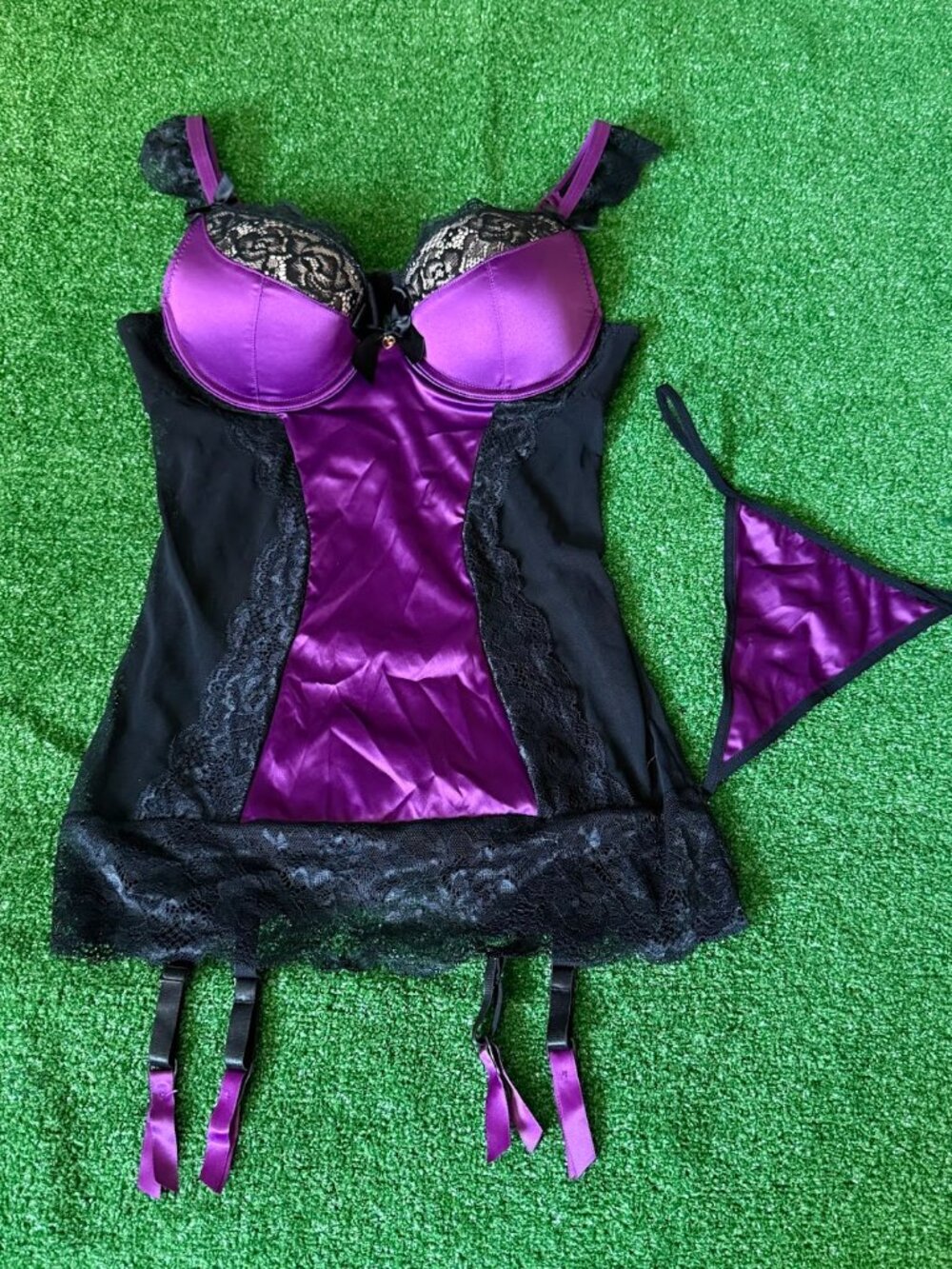 Lovehoney Treasure Me Purple Push Up Suspender Chemise Lingerie Set Size L NWT